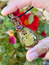Load image into Gallery viewer, Atlantasite with amethyst gem accent wire wrapped pendant necklace