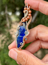 Load image into Gallery viewer, Lapis lazuli with blue kyanite + rutile quartz gem accent wire wrapped pendant necklace