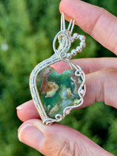 Load image into Gallery viewer, Chrysoprase with rhodochrosite + peridot gem accents wire wrapped pendant necklace