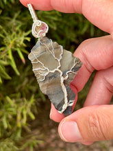Load image into Gallery viewer, Gray Stripe Obsidian with Watermelon Tourmaline slice gem accent wire wrapped pendant necklace