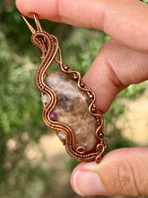 Load image into Gallery viewer, Belomorite Sunstone with citrine and ruby gem accents wire wrapped pendant necklace