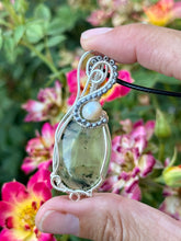 Load image into Gallery viewer, Reserved for Denise S prehnite with pearl inclusion Wire Wrapped Pendent Necklace