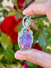 Load image into Gallery viewer, Pink cobalt calcite with moonstone + turquoise  gem accent wire wrapped pendant necklace