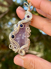 Load image into Gallery viewer, Artisan cab (positive rock) half polished grape agate with lapis lazuli + pearl gem accents wire wrapped pendant necklace