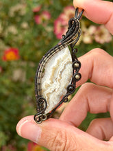 Load image into Gallery viewer, Artisan cab (positive rocks) white crazy lace agate with pyrite + onyx gem accents wire wrapped pendant necklace