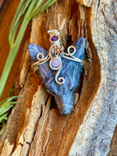 Load image into Gallery viewer, Sodalite wolf with amethyst + lepidolite gem accents wire wrapped pendant necklace