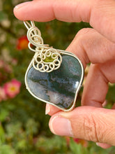 Load image into Gallery viewer, Moss agate with faceted peridot gem accent wire wrapped pendant necklace