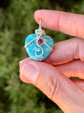Load image into Gallery viewer, Jade/mother of pearl composite with amethyst gem accent wire wrapped mini heart pendant