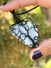 Load image into Gallery viewer, ARTISAN STONE (positive rocks) Black scenic Maligano Jasper with obsidian + moonstone gem accents tree of life wire wrapped pendant necklace