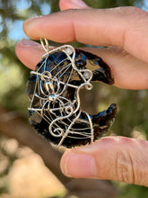 Load image into Gallery viewer, Obsidian moon with labradorite + onyx gem accents wire wrapped pendant necklace