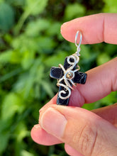 Load image into Gallery viewer, Black magnesite mini cross with pyrite gem accent wire wrapped pendant necklace