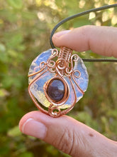 Load image into Gallery viewer, Opalite moon with star sapphire gem accent wire wrapped pendant necklace