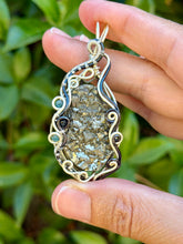 Load image into Gallery viewer, Pyrite druzy with blue apatite + sapphire gem accents wire wrapped pendant necklace