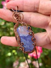 Load image into Gallery viewer, Artisan cab (adit stones) purple (dyed) Indonesian moss agate with sapphire + pyrite gem accent wide wrapped pendant necklace