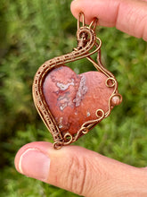 Load image into Gallery viewer, Artisan cab (positive rocks) carnelian heart with sunstone gem Accent wire wrapped pendant necklace