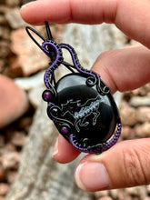 Load image into Gallery viewer, Artisan cab (Marina Rabinskaya) black onyx with amethyst + blue goldstone wire wrapped pendant necklace