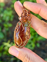 Load image into Gallery viewer, Garden quartz/lodolite “pumpkin” with orange garnet, tree agate, green aventurine gem accents wire wrapped pendant necklace