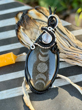 Load image into Gallery viewer, Artisan cab (Marina rabinskaya) Golden sheen obsidian “moon phases” with selenite gem accents wire wrapped pendant necklace