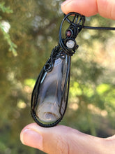 Load image into Gallery viewer, Montana agate with labradorite + garnet gem accents wire wrapped pendant necklace