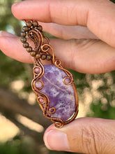 Load image into Gallery viewer, Light lepidolite with thulite + rose quartz gem accent wire wrapped pendant necklace