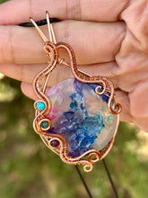 Load image into Gallery viewer, ARTISAN STONE (adit stones) Rainbow Plume agate with turquoise, blue apatite, amethyst gem accents wire wrapped pendant necklace