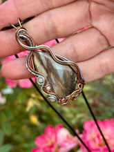 Load image into Gallery viewer, ARTISAN STONE (positive rocks) Common Blue Opal with Angelite + moonstone gem accents wire wrapped pendant necklace