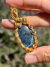 Load image into Gallery viewer, Ruby in kyanite with sapphire + Ruby gem accent wire wrapped pendant necklace