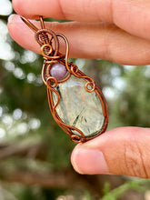Load image into Gallery viewer, Prehnite with epidote with lilac quartz gem accent wire wrapped pendant necklace