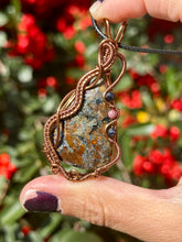 Load image into Gallery viewer, Faceted Pietersite with sapphire + Rhodonite gem inclusions wire wrapped pendant necklace