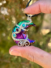 Load image into Gallery viewer, Titanium aura obsidian moon with turquoise + amethyst gem accents wire wrapped pendant necklace