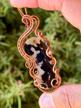 Load image into Gallery viewer, Artisan cab (positive rocks) dendritic agate with tiger eye + hematite gem accents wire wrapped pendant necklace