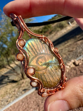 Load image into Gallery viewer, Reserved for Mariela Carved Labradorite Evil eye with Gem inclusions Wire Wrapped Pendent Necklace