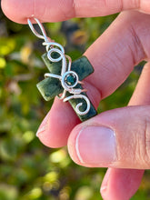 Load image into Gallery viewer, Green jade cross with chrysocolla gem accent wire wrapped pendant necklace