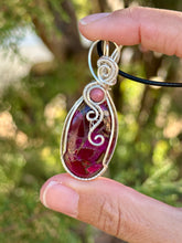 Load image into Gallery viewer, Pink Mosaic Agate with Rhodonite gem accents wire wrapped pendant necklace