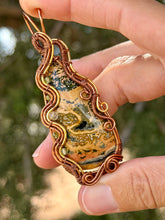 Load image into Gallery viewer, Artisan cab (positive rock) ocean jasper with peridot, prehnite, citrine gem accents wire wrapped pendant necklace