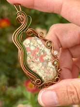 Load image into Gallery viewer, Unakite with rose quartz + peridot gem accent wire wrapped pendant necklace