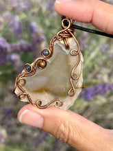 Load image into Gallery viewer, Agate with sapphire + tigers eye gem accents wire wrapped pendant necklace