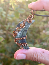 Load image into Gallery viewer, Kambaba jasper moon with tigers eye + peridot gem accents wire wrapped pendant necklace