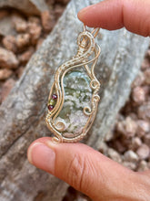 Load image into Gallery viewer, Peace jade with garnet + peridot gem accents wire wrapped pendant necklace