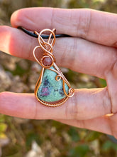 Load image into Gallery viewer, Ruby in fuchsite with Ruby gem accents wire wrapped pendant necklace