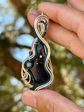 Load image into Gallery viewer, Leland obsidian with purple & green fluorite + aquamarine gem accents wire wrapped pendant necklace