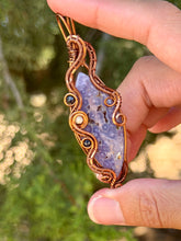 Load image into Gallery viewer, Artisan cab (positive rock) grape agate with sapphire + mother of pearl gem accents wire wrapped pendant necklace