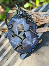 Load image into Gallery viewer, Artisan cab (Marina rabinskaya) window black agate with bats with labradorite gem accent wire wrapped pendant necklace