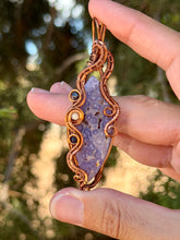 Load image into Gallery viewer, Artisan cab (positive rock) grape agate with sapphire + mother of pearl gem accents wire wrapped pendant necklace