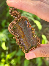 Load image into Gallery viewer, Artisan cab (positive rock) Scenic Plume Jasper with Garnet, Orange Garnet, Yellow Mookaite, Tiger Eye, Serpentine + Peridot Gem Accents wire wrapped pendant necklace