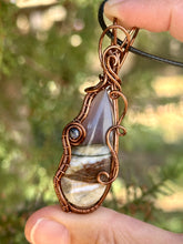 Load image into Gallery viewer, Blue common opal with purple agate with sapphire gem accents wire wrapped pendant necklace