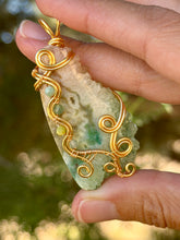Load image into Gallery viewer, Artisan cab (positive rock) rainbow solar quartz druzy with Amazonite, green mica, serpentine, blue kyanite gem accents wire wrapped pendant necklace
