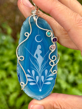 Load image into Gallery viewer, Artisan cab (Marina rabinskaya) blue agate goddess moon with turquoise, amethyst, strawberry quartz gem accents wire wrapped pendant necklace