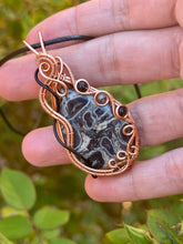Load image into Gallery viewer, ARTISAN CAB (positive rocks) thousand eye jasper with black tourmaline + rutile quartz gem accents wire wrapped pendant necklace