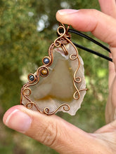 Load image into Gallery viewer, Agate with sapphire + tigers eye gem accents wire wrapped pendant necklace